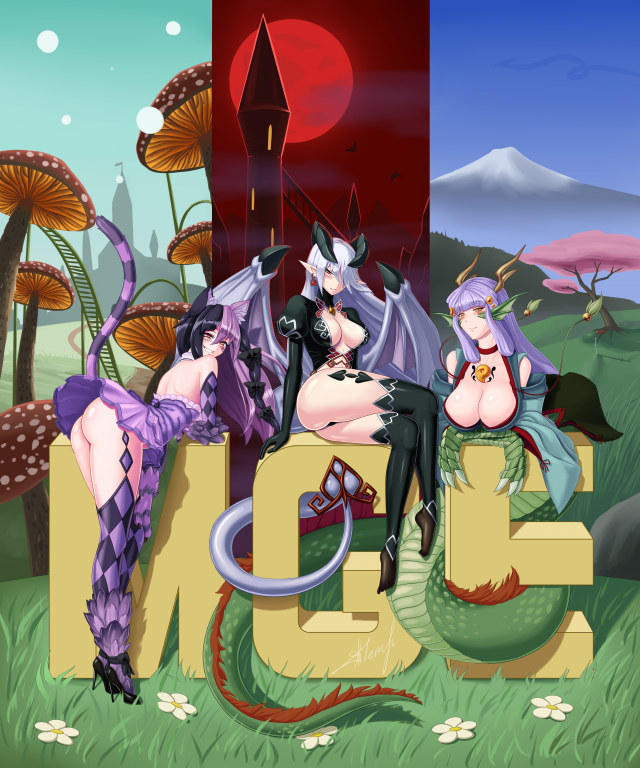 cheshire cat (monster girl encyclopedia)+lilim (monster girl encyclopedia)+ryuu (monster girl encyclopedia)